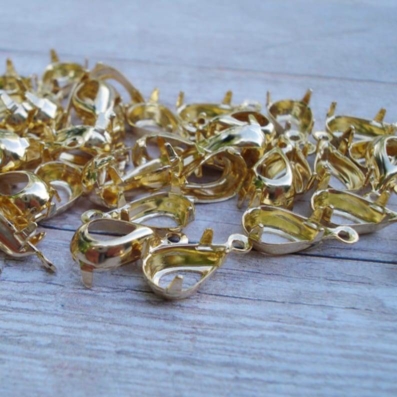 10 x 6mm Gold Plated Pear Teardrop 1 Ring Open Back Rhinestone Prong Settings 5pcs