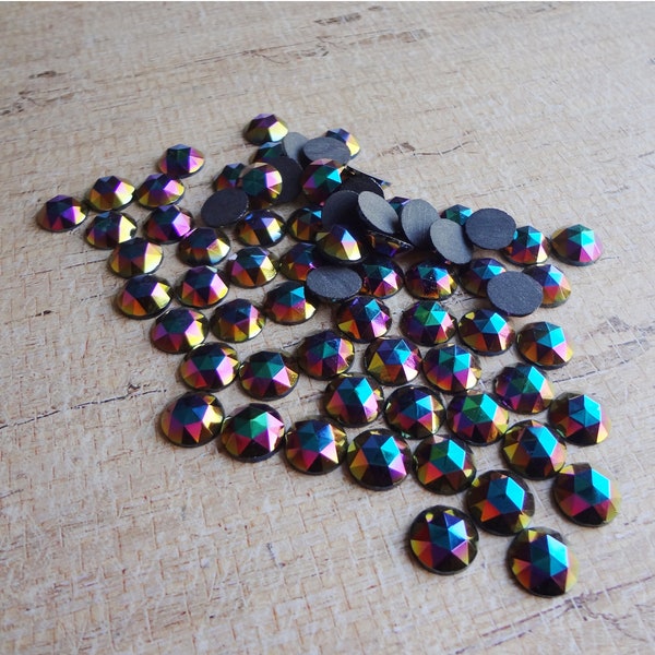 9mm Black Fire Polished Faceted Top Flat Back Vintage Czech Round Glass Cabs 12PCS