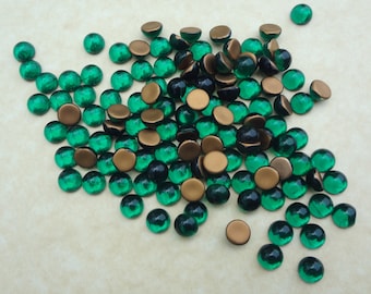 7mm Emerald Green Gold Foiled Round Flat Back Vintage Smooth Dome Top Glass Cabs 12PCS