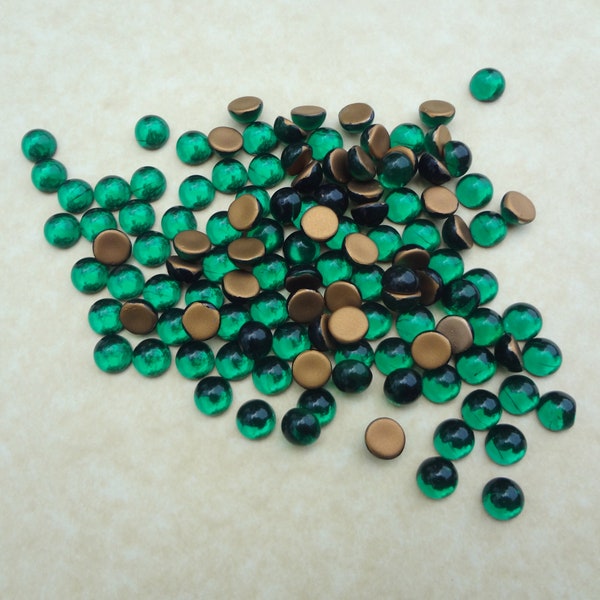 7mm Emerald Green Gold Foiled Round Flat Back Vintage Smooth Dome Top Glass Cabs 12PCS