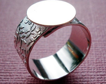 Silver Plated Adjustable Ring with 10mm Floral Band and 13mm Base for a Flat Back Cab 1PC