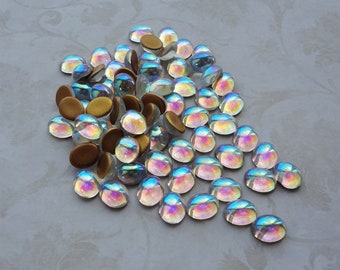 8x10mm Clear AB Fire Polished Gold Foiled Flat Back Oval Glass Cabs 12PCS