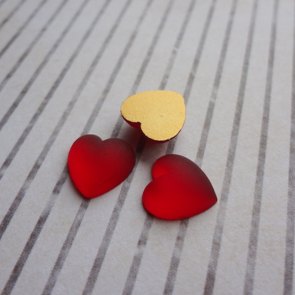 10mm Ruby Red Heart Frosted Gold Foiled Flat Back Czech Preciosa Glass Heart Shaped Cabs 6PCS