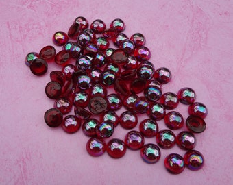 11mm Ruby Red AB Fire Polish Vintage Un-foiled Slightly Rounded Flat Back Round Glass Bombe Cabs 12PCS