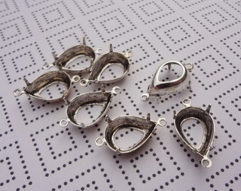 14x10mm Pear/Teardrop Antiqued Silver Plated  2 Ring Open Back Rhinestone Prong Connector Settings for Flat or Pointed Back Cabs 12PCS