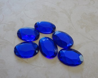 25x18mm Sapphire Blue Rose Cut Gold Foiled Flat Back Oval Glass Cabs 2PCS