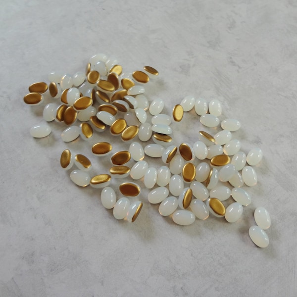 4x6mm White Opal Gold Foiled Flat Back Oval Czech Preciosa Glass Cabs 24PCS