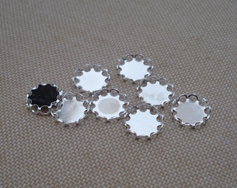 9mm Sterling Silver Plated Scalloped Lace Edge Round Settings for Flat Back Cabs or Stones 12PCS