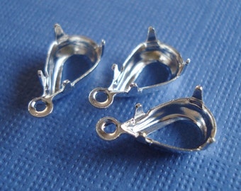 10x6mm Silver Plated Pear/Teardrop 1 Ring Open Back Rhinestone Prong Settings for Pointed or Flat Back Cabs 12PCS