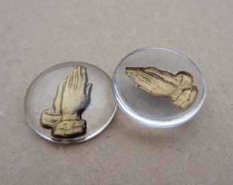 18mm Praying Hands Clear Cabs with Gold Intaglio Round Flat Back Vintage Plastic Cabs 12PCS