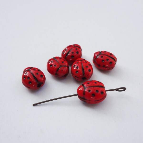 9x7mm Lady Bug Engraved Black on Red Vertically Drilled Czech Pressed Glass Beads 12pcs