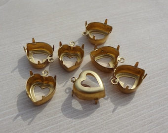 13x12mm Brass Heart 1 Ring Open Back Rhinestone Prong Settings for Pointed or Flat Back Cabs 12PCS