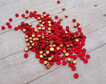 3mm Ruby Red Gold Foiled Flat Back Round Glass Czech Cabs 36PCS