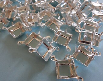 10mm Square Silver Plated 2 Ring Open Back Rhinestone Prong Connecter Settings for Pointed or Flat Back Cabs * DIY Jewelry Making * 12PCS