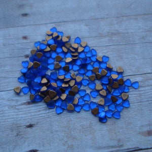 4mm Sapphire Blue Frosted Tiny Vintage Gold Foiled Flat Back Heart Shaped Glass Cabs 24PCS