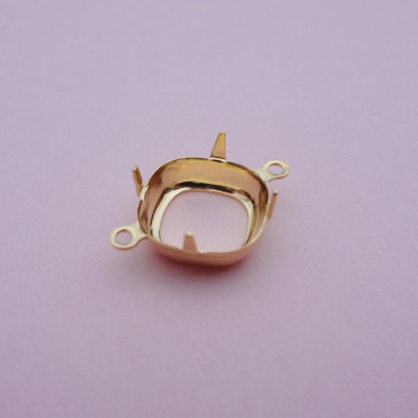 12mm Gold Plated Square Cushion 2 Ring Open Back Low Wall Rhinestone Prong Connector Settings for Slightly Pointed or Flat Back Cabs 12PCS