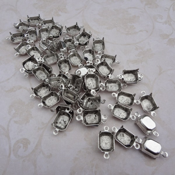 8x10mm Antiqued Silver 2 Ring Closed Back Octagon Rhinestone Prongs Connector Settings for Pointed or Flat Back Cabs 12PCS