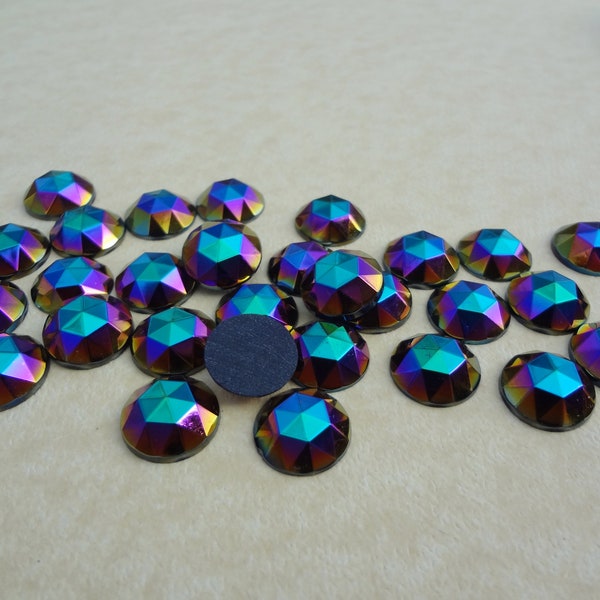 13mm Black Fire Polished Faceted Top Flat Back Vintage Czech Round Glass Cabs * DIY Jewelry & Project Making Stones * 12PCS