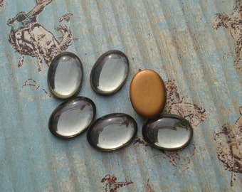 14x10mm Black Diamond Gold Foiled Vintage Flat Back Smooth Top Oval Glass Cabs 6PCS