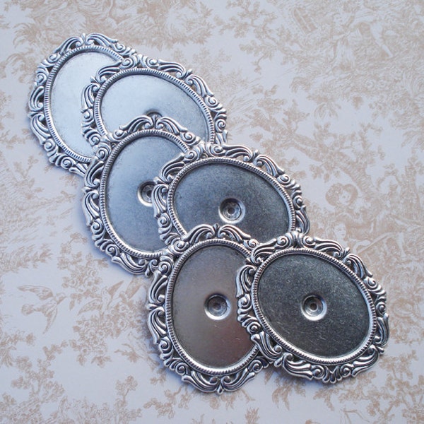Antiqued Silver Plated Brass 55x47mm Victorian Frame Settings without Loops/Rings for 40x30mm Flat Back Cabs or Jewels (3)