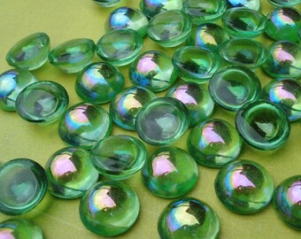 14mm Peridot AB Fire Polished Vintage Unfoiled Round Flat Back Glass Bombe Cabs 6PCS