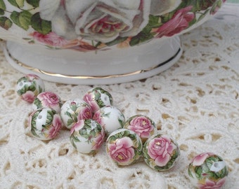 12mm Tensha Beads White with Dusty Rose Pink Cabbage Roses 6PCS