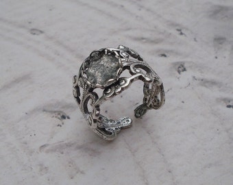 Vintage Adjustable Antique Silver Filigree Ring with 8x10mm Oval Setting * DIY Jewelry Making * 1PC