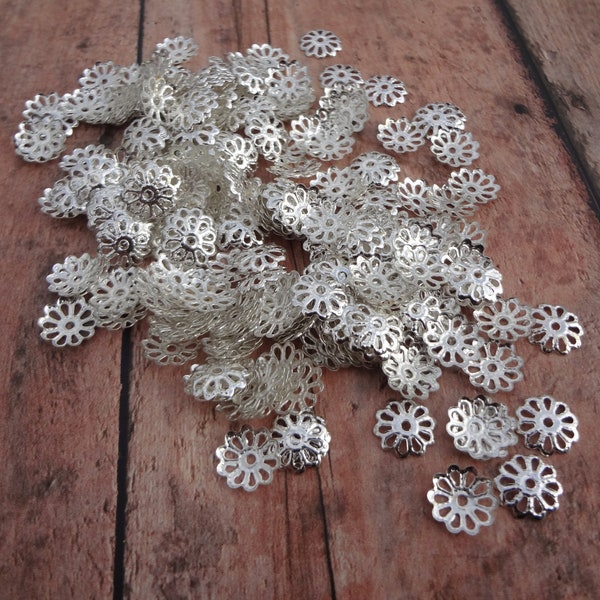 8mm Silver Plated Steel Filigree Flower Edge Bead Caps for Jewelry Making * 100PCS