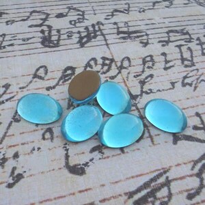 18x13mm Oval Aqua Blue Czech Gold Foiled Flat Back Vintage Glass Cabs 6PCS