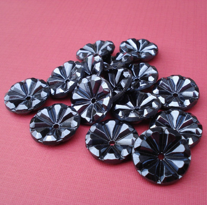 22mm Hematite Black Back Vintage Faceted Flower Shaped Glass Sew On Buttons 6pcs image 1