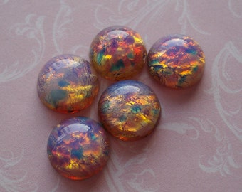 11mm Fire Opal Harlequin Vintage Czech Round Flat Back Glass Cabs 6PCS