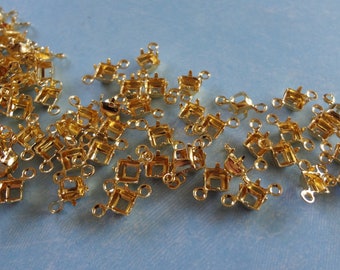 4mm Gold Plated Square 2 Ring Open Back Rhinestone Prong Connector Settings for Pointed or Flat Back Cabs 12PCS