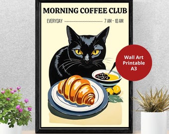 Coffee Club Print, Digital Art Download, Cute Coffee Bar Decor, Trendy Kitchen Poster, Espresso Coffee Wall Art, cat