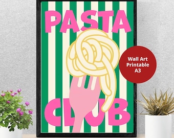Pasta Club Print, Digital Art Download, Cute Kitchen Decor, Pasta Art Print, Trendy Foodie Wall Art, Spaghetti Poster