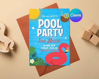 Editable Pool Party Invitation, Summer Birthday Party Evite, Text Invitation, Pool Party Invitation, Electronic Invite, Digital Invitation