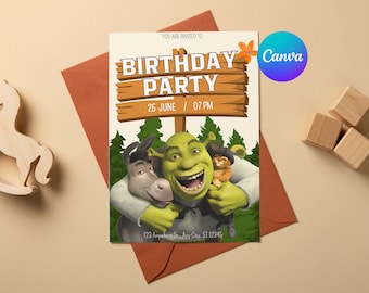 Plantilla editable de invitación para fiesta de cumpleaños de Shrek, cumpleaños digital para móvil, fiesta con Shrek, descarga instantánea, Canva