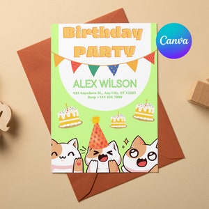Editable Cat Birthday Invitation,Cute Cats Birthday Invite, Kitty Cat Birthday Party, Let&#39;s Pawty,Digital Template
