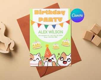 Edytowalne zaproszenie na urodziny kota, słodkie zaproszenie na urodziny kota, przyjęcie urodzinowe kota, Let's Pawty, szablon cyfrowy