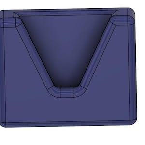 May include: A 3D-rendered, dark blue, rectangular object with a V-shaped interior. The object has rounded corners and a small rectangular opening at the top. The design is simple and modern.