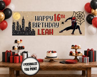 May include: A rectangular birthday banner with a tan background featuring a black city skyline, a yellow moon, a spider web, and a superhero character. The text reads HAPPY 16TH BIRTHDAY LEAH in black and red lettering. Balloons surround the banner.