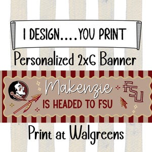 Op de afbeelding: Een rechthoekige banner met een geschulpte rand met de tekst Makenzie IS HEADED TO FSU, een mascotte-logo, een FSU-logo en speergrafieken in granaat- en goudkleuren. De banner staat tegen een achtergrond van verticale witte en beige strepen.