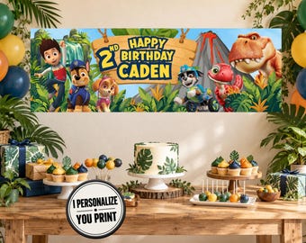 Striscione di compleanno a tema dinosauri, striscione di compleanno personalizzato con cuccioli di cane salvati, striscione 2x6, stampabile presso Walgreens / download digitale