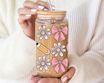 Teacher Appreciation glazen beker, strik, bloemdessin, 16 oz
