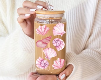 Libbey-glas met roze schelp: 16 oz ijskoffiekop met optioneel deksel en rietje