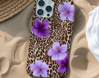 Leopard & Purple Hibiscus Phone Case, Tropical Floral, Animal Print Cover, iPhone 16 15 14 13 12 Pro Max Plus Samsung Galaxy S24 S23 S22 S21