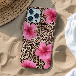 Coque de portable léopard et hibiscus rose, fleurs tropicales, coque à imprimé animal, iPhone 16 15 14 13 12 Pro Max Plus Samsung Galaxy S24 S23 S22 S21