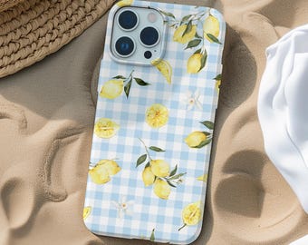 Lemons & Blue Gingham Phone Case, Summer, Fruit, Floral Cute Girly iPhone 17 16 15 14 13 12 11 Pro Max, Samsung Galaxy S25 S24 S23 S22 S21