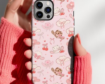 Custodia per telefono rosa da cowgirl, stile western, cappelli da cowboy, ciliegie, fiocchi, iPhone 17 16 15 14 13 12 11 Pro Max, Samsung Galaxy S25 S24 S23 S22 S21
