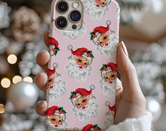 Vintage Santa Claus Phone Case, Cute Pink Winter Cover, Christmas, Holiday iPhone 16 15 14 13 12 Pro Max Plus Samsung Galaxy S24 S23 S22 S21