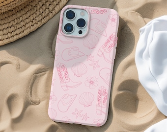Pink Coastal Cowgirl Phone Case, Western Cowboy Boot Seashell Pattern,  iPhone 17 16 15 14 13 12 11 Pro, Samsung Galaxy S25 S24 S23 S22 S21